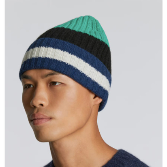 NWT Everlane Unisex Cashmere Wool Ribbed Multi-Stripe Beanie Green Navy OS main image 4